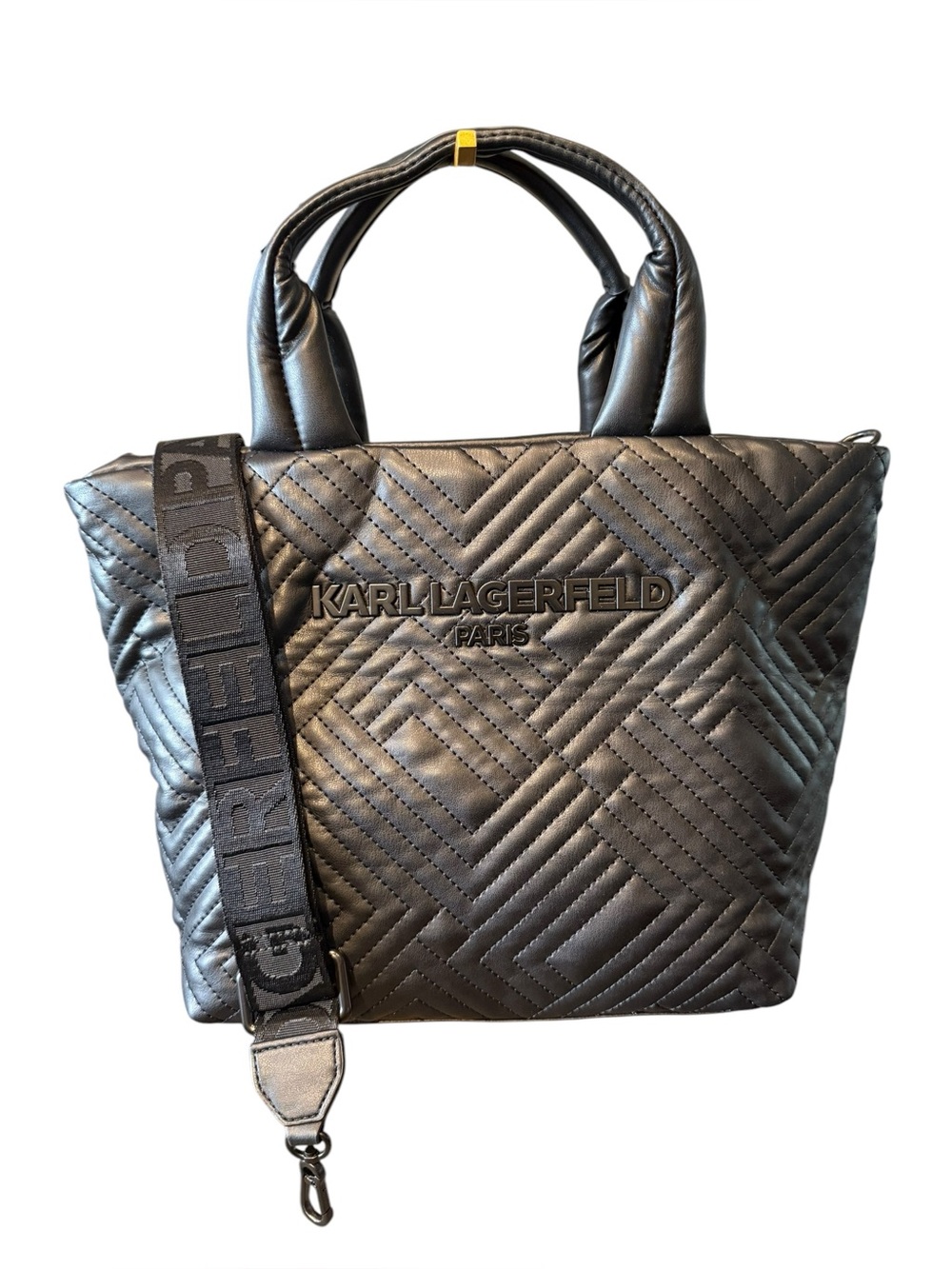 Karl Lagerfeld Black Quilted Top-Handle Tote with Branded Strap